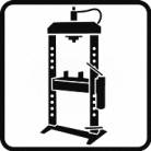 Een tekening van een hydraulische pers. Hij heeft een massief frame en een hefboom aan de zijkant om te bedienen.