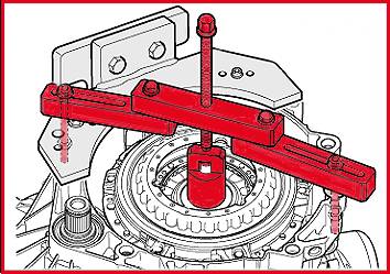 Illustratie toont een tandwiel-trekkgereedschap dat op een auto-transmissie wordt geplaatst om onderdelen te verwijderen.