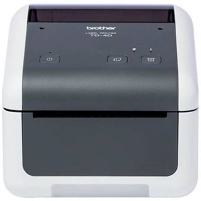 Labelprinter van Brother, model TD-4000, in zwart-witte uitvoering met bedieningselementen bovenop.