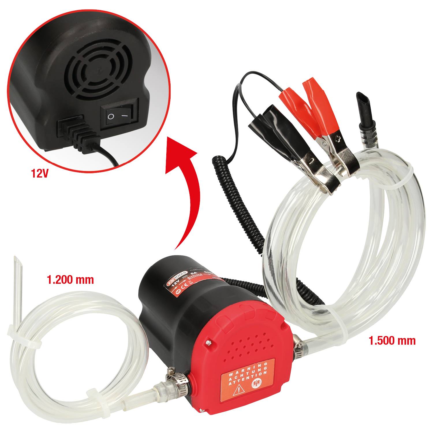 This text is already in German, so no translation is needed. If you would like me to translate this to Dutch, I can do that:<br><br>'Elektrische olieaftappomp met 12V-aansluiting, krokodilklemmen en transparante slangen. Ideaal voor eenvoudige oliewissel.'