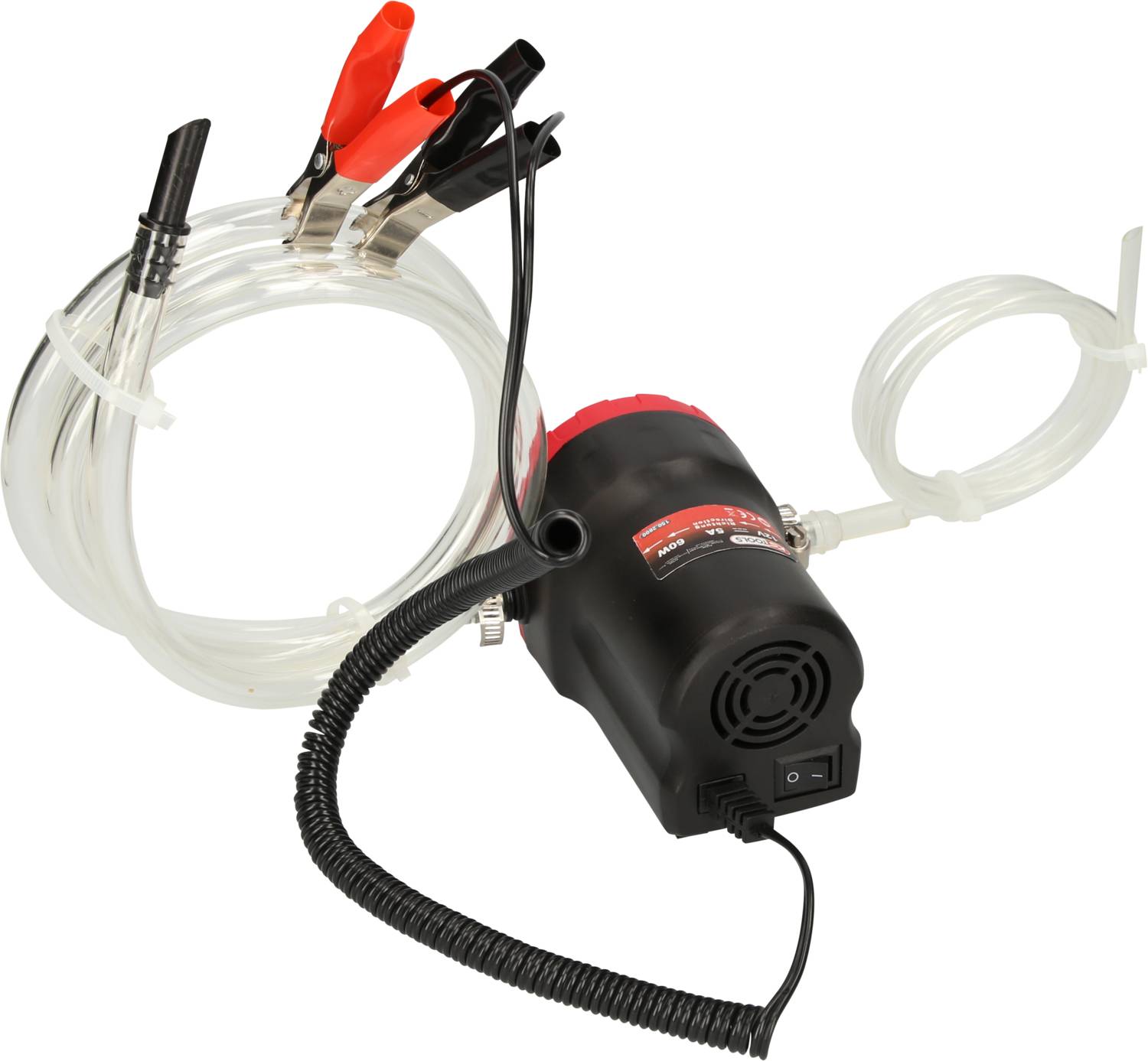 Draagbare elektrische oliepomp met slangen en klemmen, gebruikt voor het aftappen van olie uit voertuigen. Geschikt voor auto- en bootonderhoud.