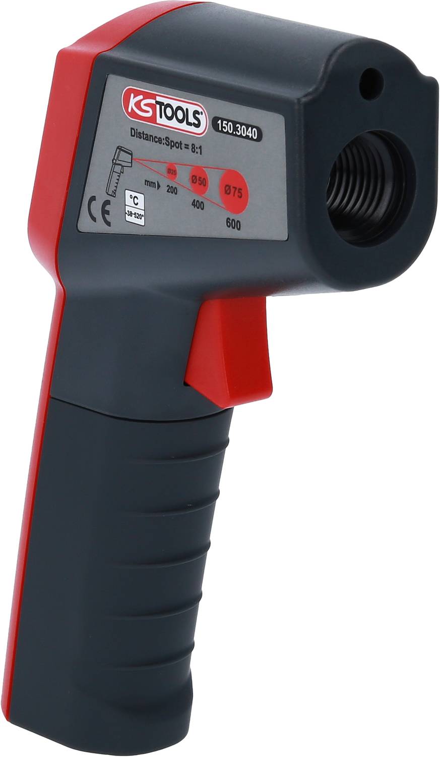 Een rood en grijs infrarood-thermometer met een digitaal display meet temperaturen op afstand.