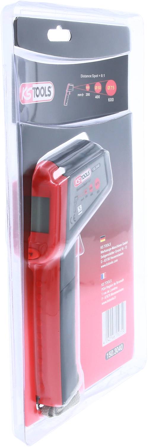 Verpakte infrarood-thermometer met rode en zwarte behuizing. Display en bedieningselementen zichtbaar. Merk: KS Tools.