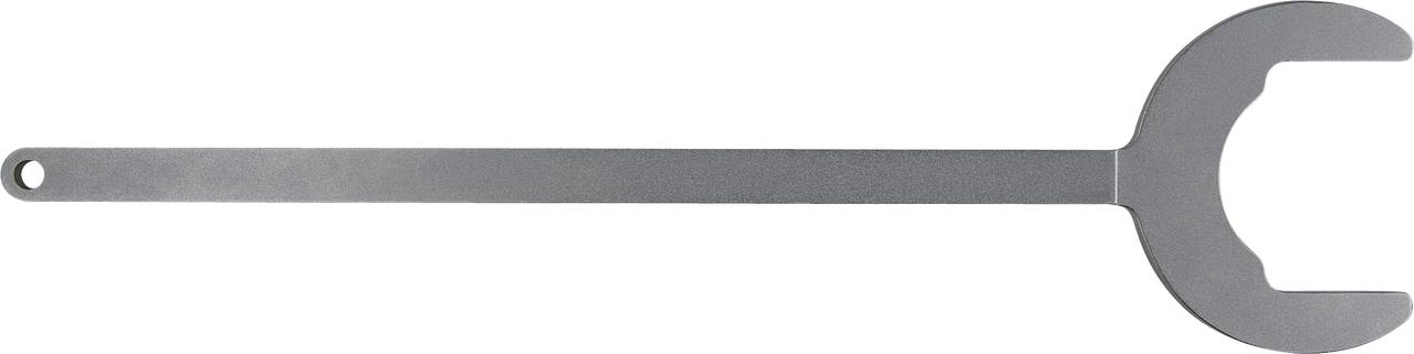 Een lange, platte metalen moersleutel met een open vork, geschikt voor het vastdraaien of losdraaien van grote moeren of bouten.