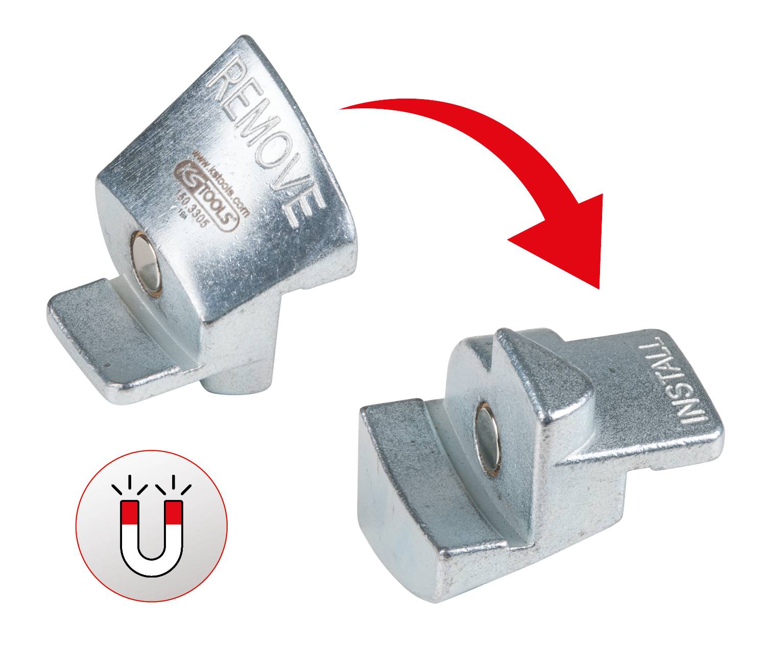 Twee metalen gereedschappen: Links gemarkeerd als 'REMOVE' voor verwijdering, rechts gemarkeerd als 'INSTALL' voor installatie. Rode pijl geeft richting aan. Magneet-symbool linksonder.