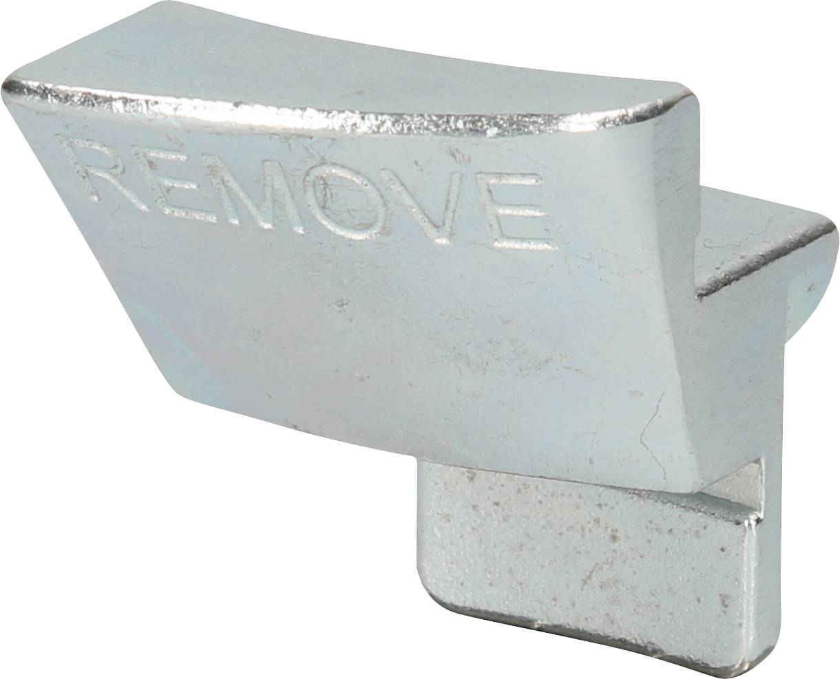 Zilveren hefboom met gegraveerde tekst 'REMOVE', bestemd voor het bedienen of verwijderen van componenten.