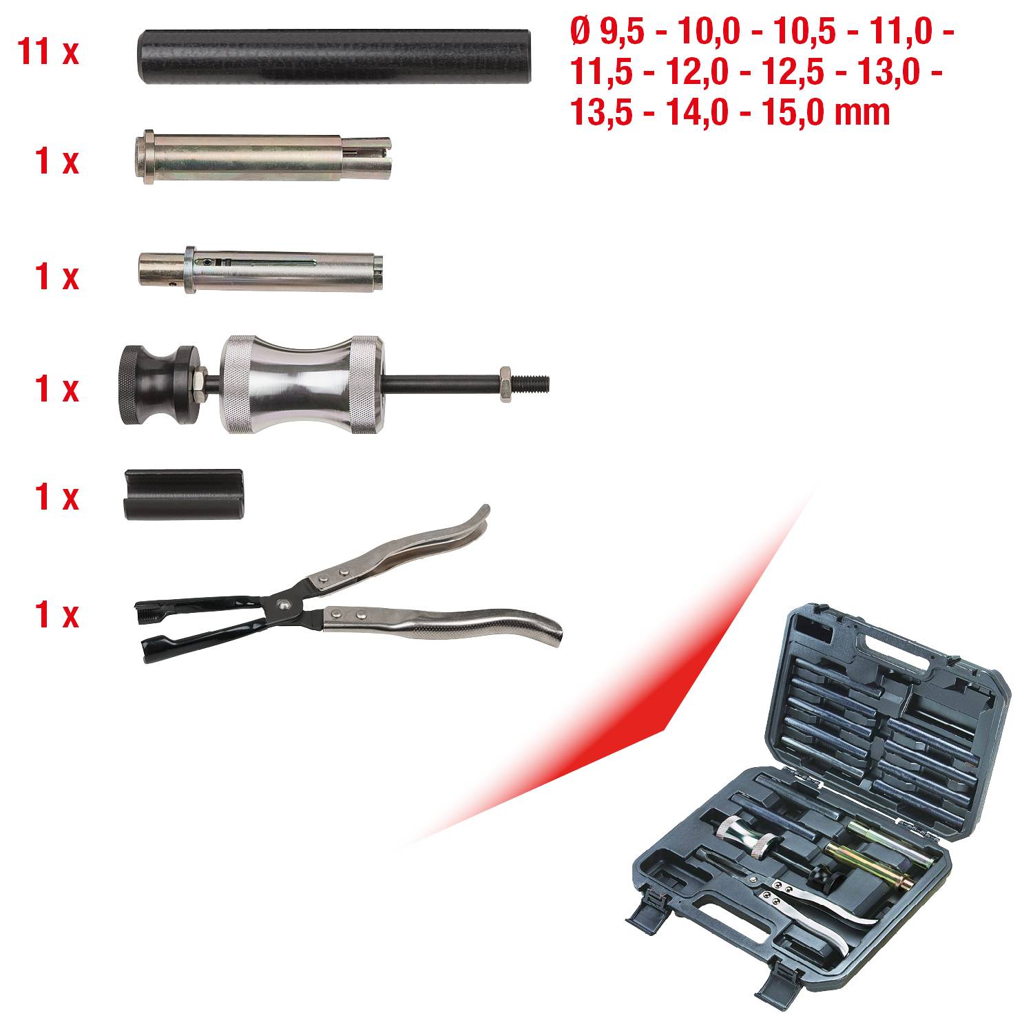 Gereedschapsset met pincetten, trekker, tang en koffer. Geschikt voor verschillende maten van 9,5 tot 15 mm.