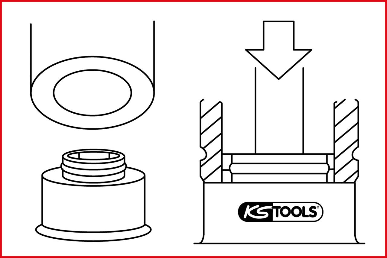 Illustratie toont twee weergaven van een gereedschap van KS Tools: links een schroefonderdeel, rechts het plaatsen in een voet met een pijl naar beneden.