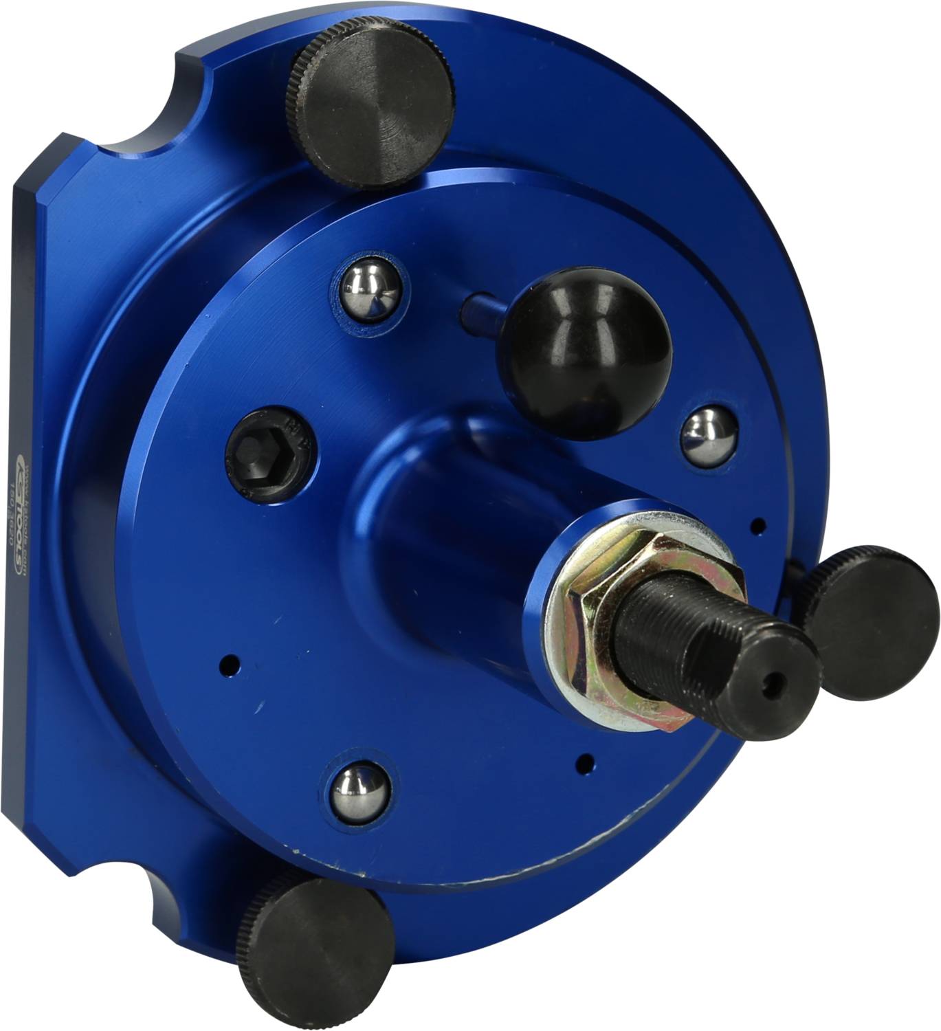 Blauw mechanisch apparaat met meerdere knoppen en schroeven, vermoedelijk onderdeel van een grotere machine of gereedschap.