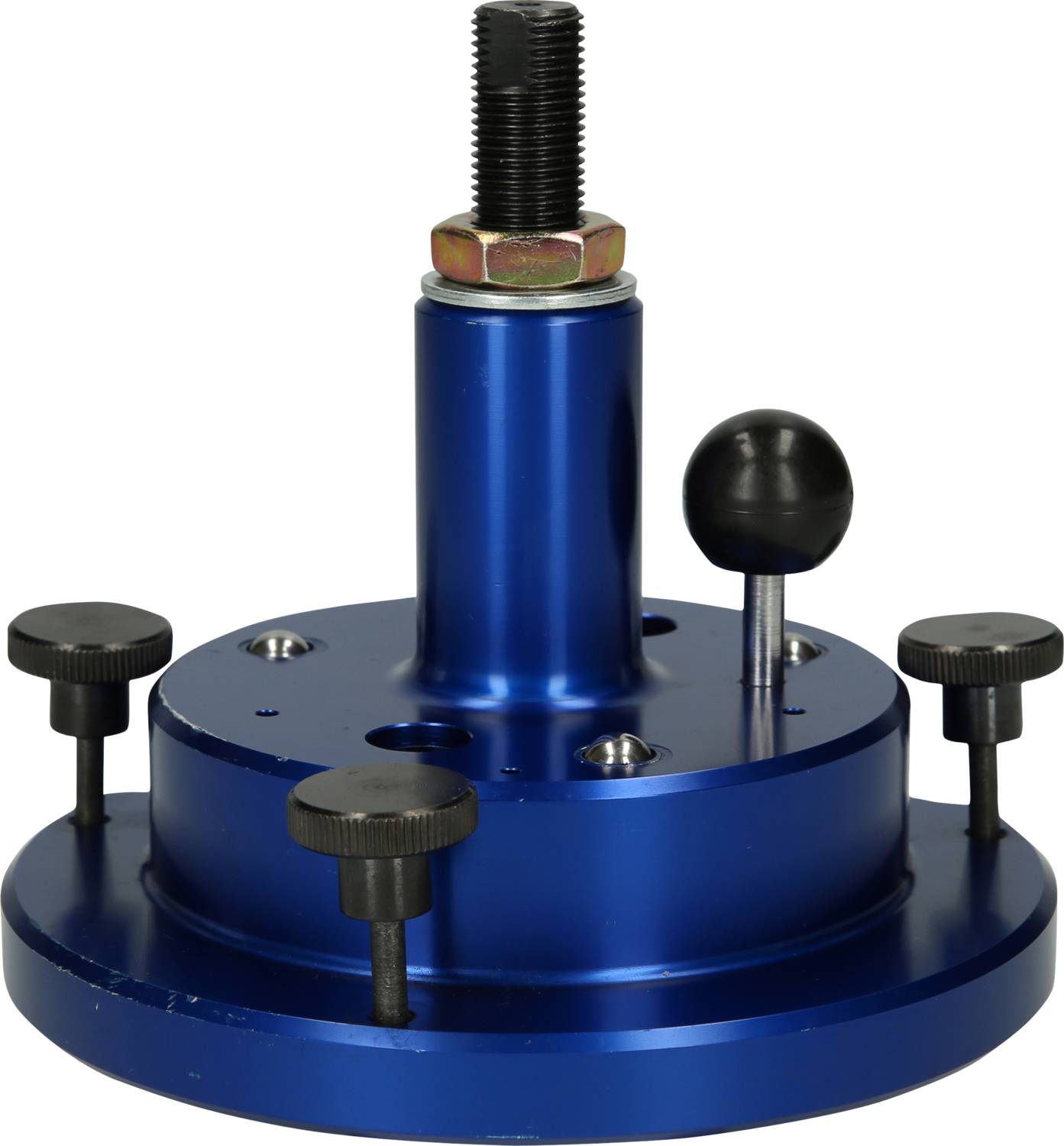 Metalen, blauwe voorziening met centrale bout en meerdere schroeven; vermoedelijk bedoeld voor bevestiging of afstelling van machines.