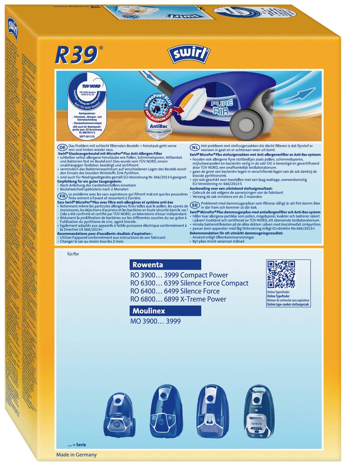 Verpakking van een stofzuigerzak 'R39' van Swirl met afbeeldingen van compatibele stofzuigermodellen van Rowenta en Moulinex.