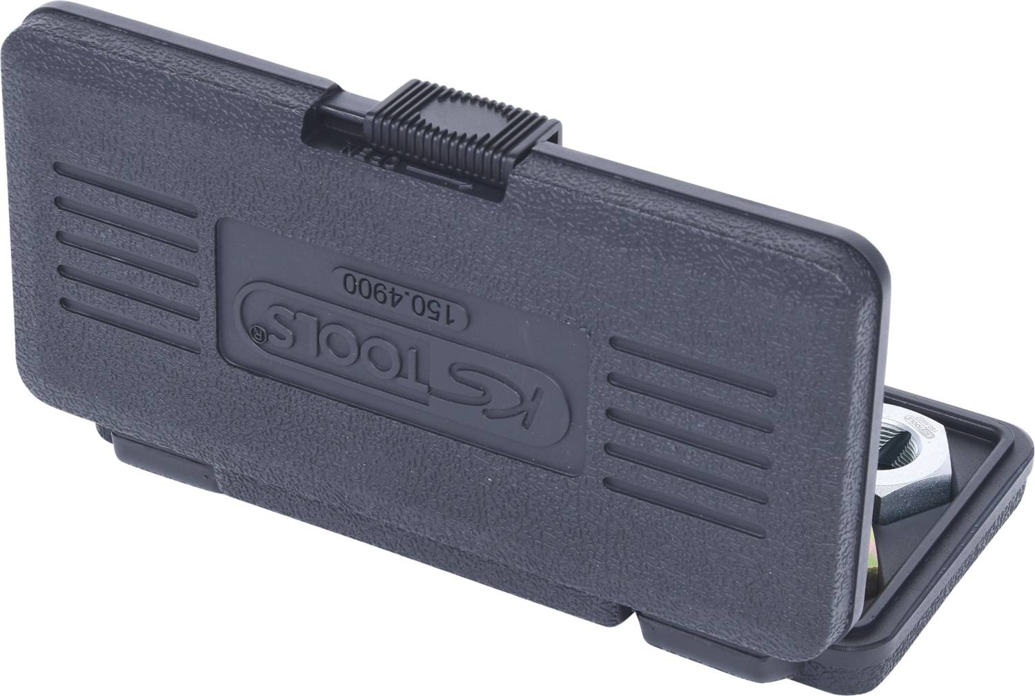 Een zwarte kunststof koffer met zijsluiting, waarop de vermelding 'KS Tools 150.4900' is gestempeld, gedeeltelijk geopend, toont een verchroomde inbussleutel.