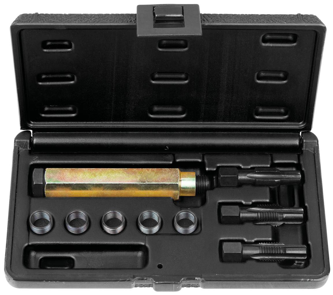 Een set reparatiegereedschap voor schroefdraad in een zwarte doos, bestaande uit busjes, spiraalboortjes, draadtappen en schroefdraadherstellingsgereedschap. Ideaal voor beschadigde schroefdraad.