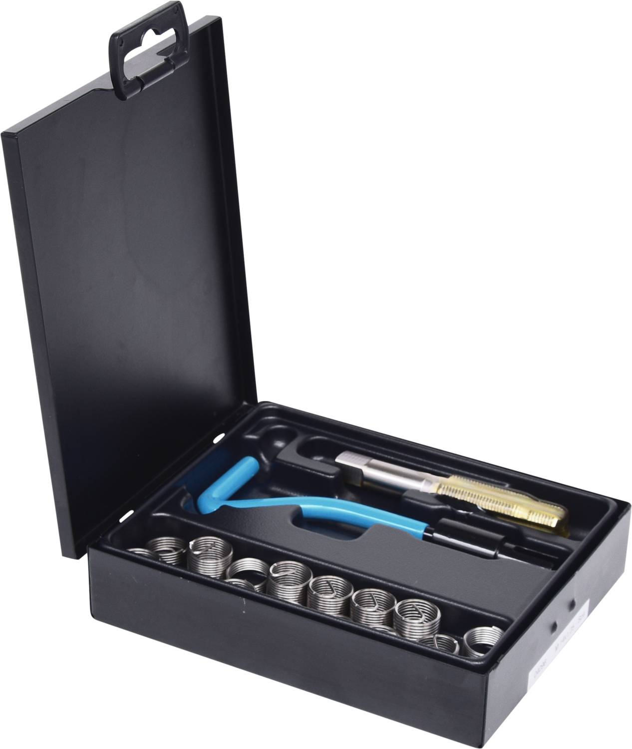 Een open reparatieset voor schroefdraadtappen en -inzetstukken met meerdere inzetstukken in een zwarte doos.