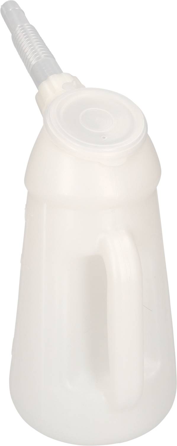 Een witte plastic urinaal met handvat en geknikte uitloop, vaak gebruikt in ziekenhuizen of verzorgingsinstellingen.