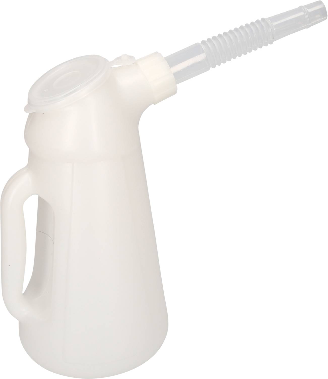 Een witte kunststof gieter met een schenktuit en een handvat aan de zijkant.