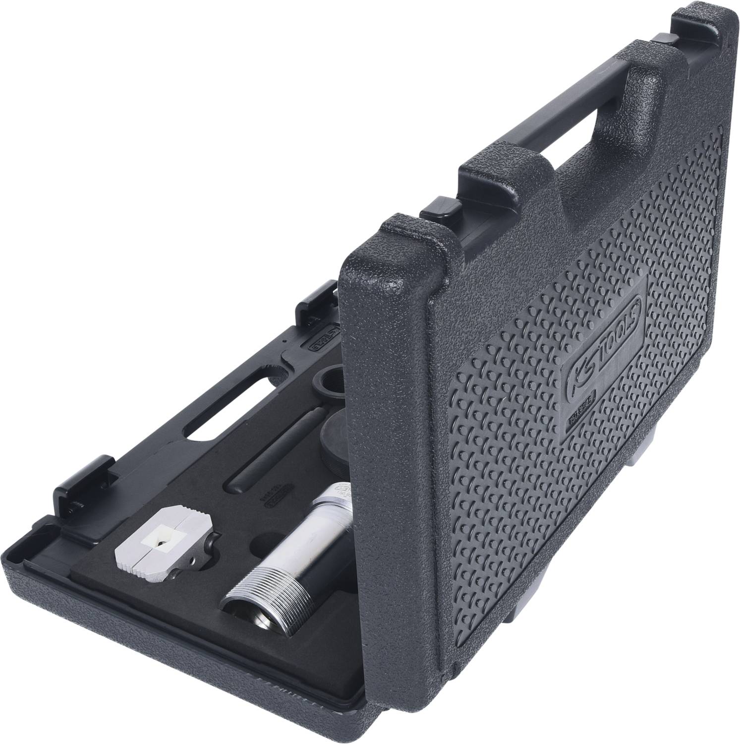 Zwarte gereedschapskoffer met open deksel, toont een zilveren gereedschap en een ander accessoire in nauwkeurig passende uitsparingen.
