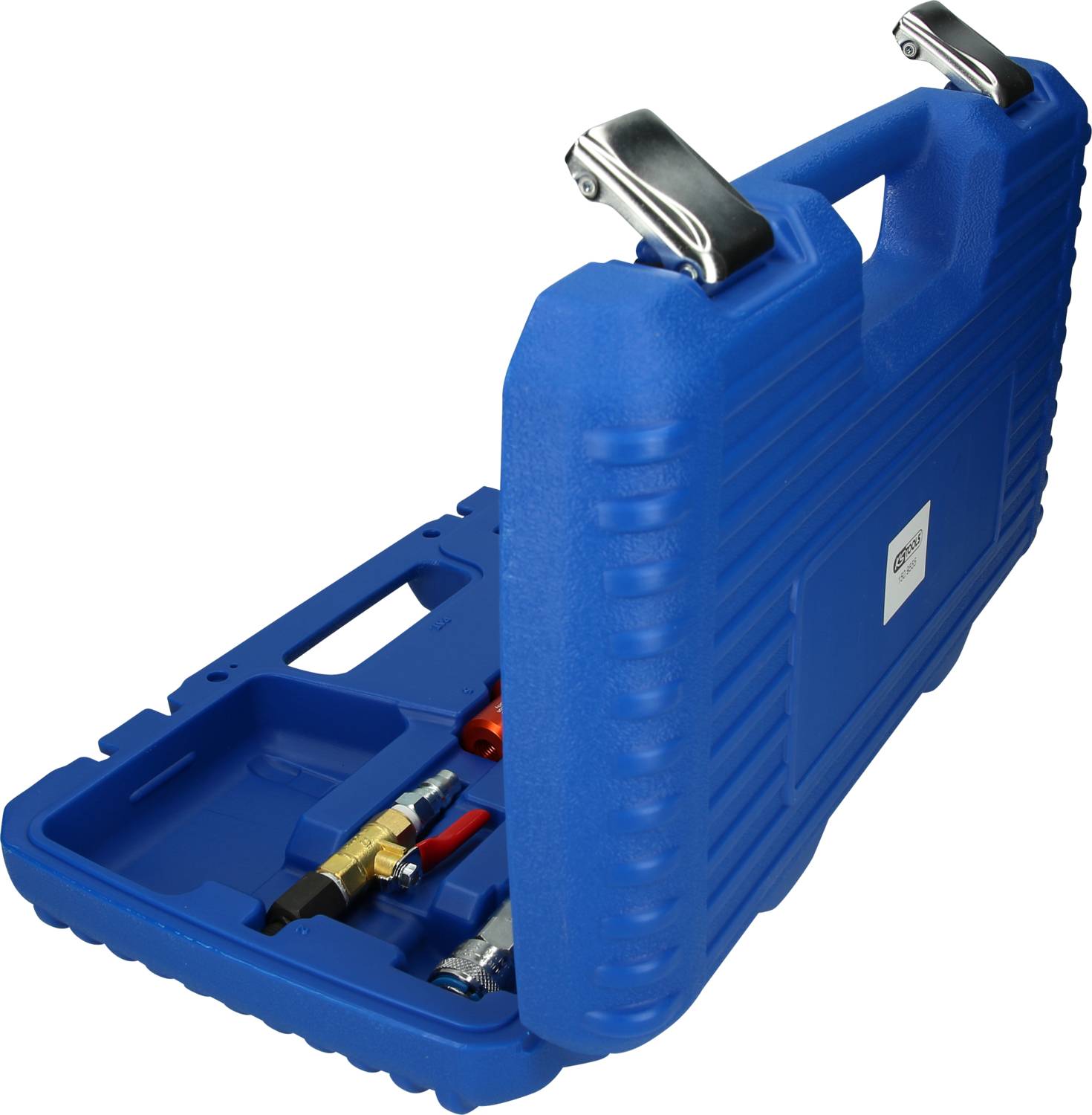 Blauwe kunststof gereedschapskoffer, deels geopend, toont verschillende metalen gereedschappen aan de binnenkant, geschikt voor vakmannen of doe-het-zelvers.