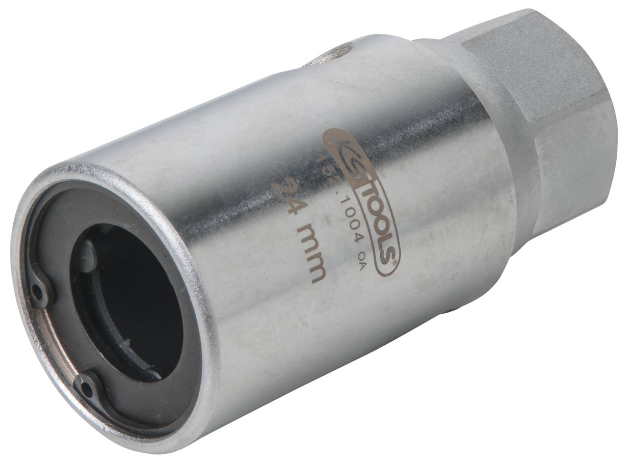 Metalen moersleutel, 24 mm, in cilindrische vorm. Gebruikt voor nauwkeurige montage- of reparatiewerkzaamheden.
