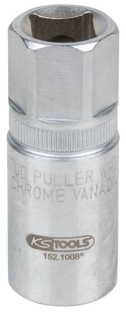 Een zilveren zeskantmoer met opschrift 'Stud Puller Wrench Chrome Vanadium' en merk 'KSTools'.