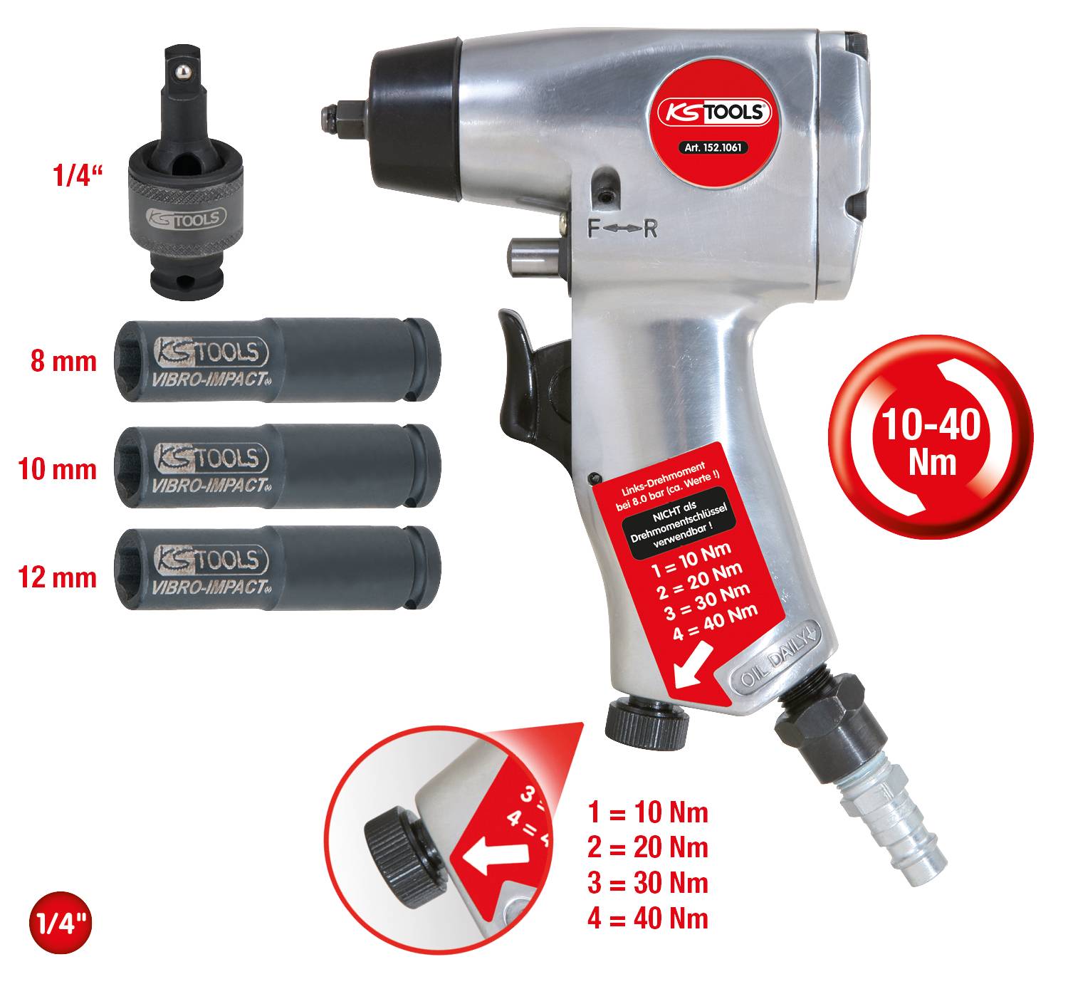 'KS Tools Slagmoersleutelset met 4 dopmoeren (1/4" aansluiting, 8/10/12 mm maten). Draaimoment instelbaar van 10 tot 40 Nm.'