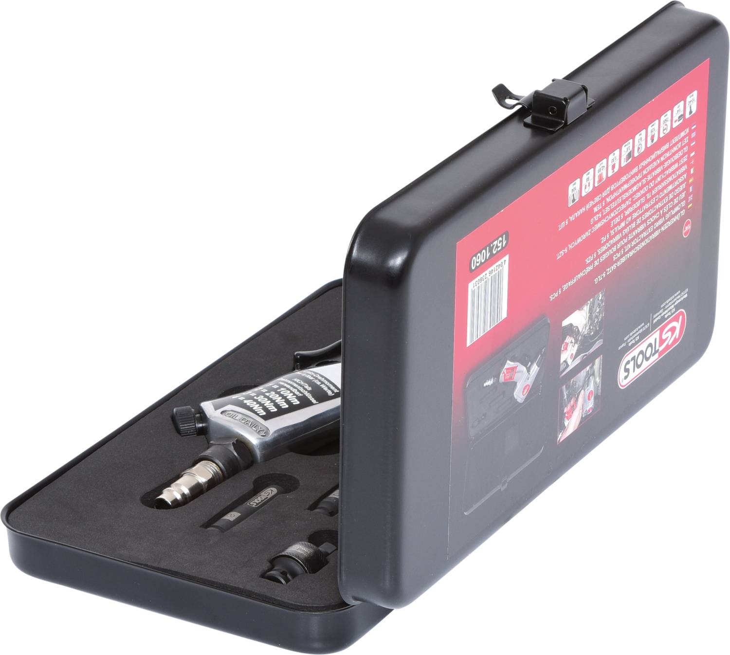 Koffer met persluchtpistool en toebehoren. Bevat compacte opbergruimte voor gereedschappen.