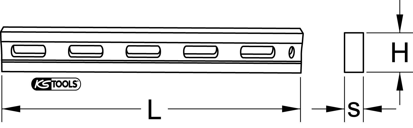 Illustratie van een gereedschapshouder van KS Tools met afmetingen: lengte (L), hoogte (H) en dikte (S) aangegeven.