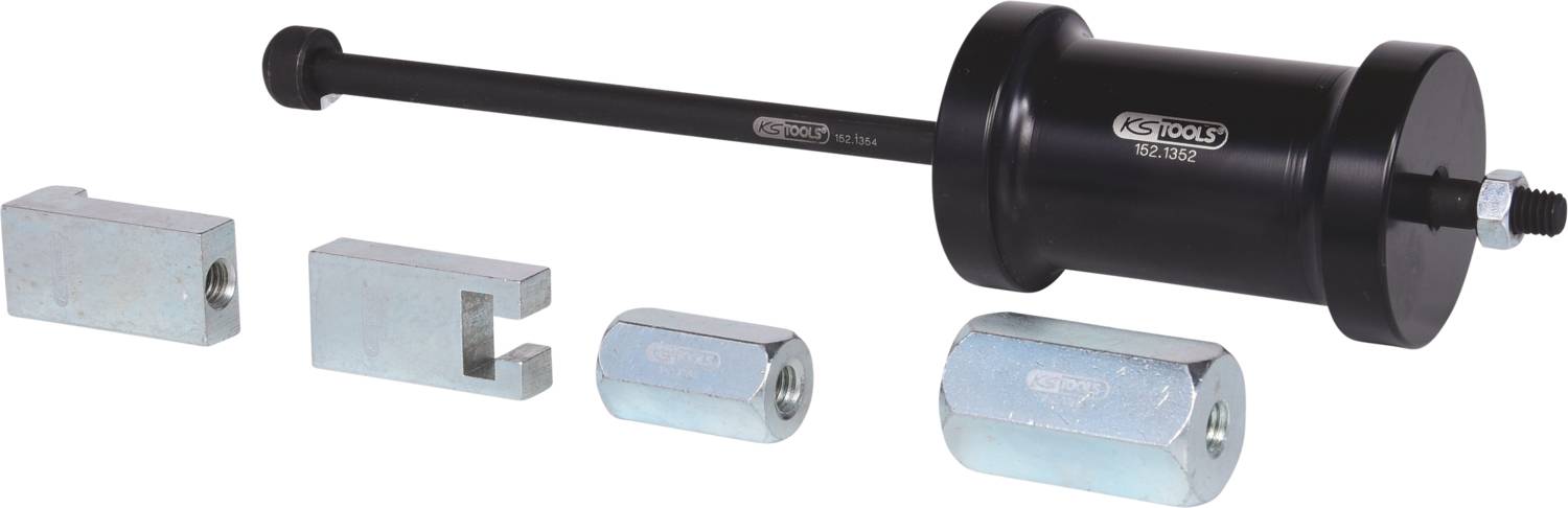 Een zwarte trekker met een trekkop, hefboom en verschillende metalen opzetstukken. Gereedschap voor het verwijderen van lagers of bussen.