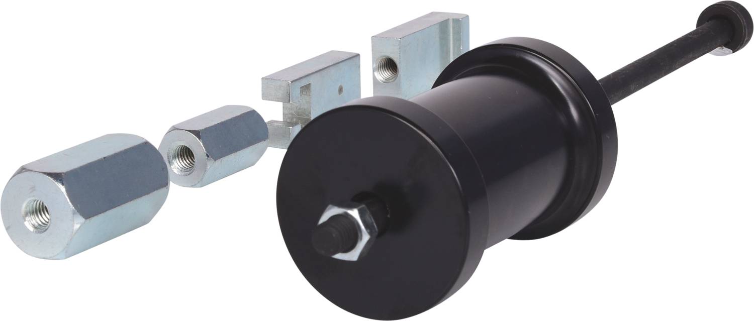 Een zwart gereedschap met cilindrische en zeshoekige metalen onderdelen, waarschijnlijk bedoeld voor het monteren of demonteren van auto-onderdelen.