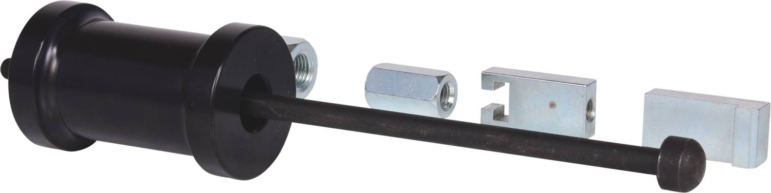 Een zwart cilindrisch apparaat met een lange metalen staaf, geflankeerd door twee metalen verbindingen en een U-vormig metalen onderdeel.