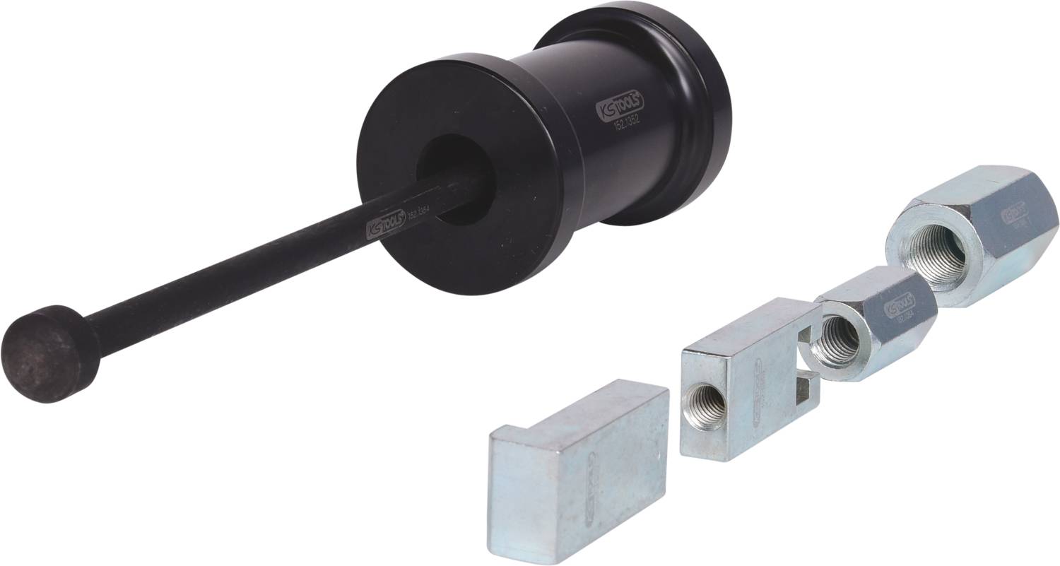 Een zwart gereedschap met een lange steel en verschillende grijze metalen onderdelen. Het gereedschap zou kunnen worden gebruikt voor het trekken of verwijderen van componenten.