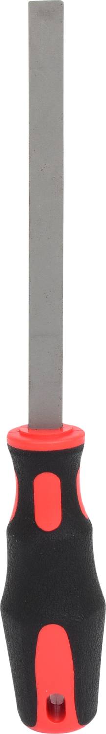 Schroevendraaier met rode en zwarte handgreep, platte kop, verticale uitlijning. Gereedschap voor het vastdraaien of losdraaien van schroeven.