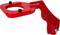 Een rood metalen onderdeel met schroefgaten, mogelijk een gereedschapsaanbouw of bevestigingssteun.