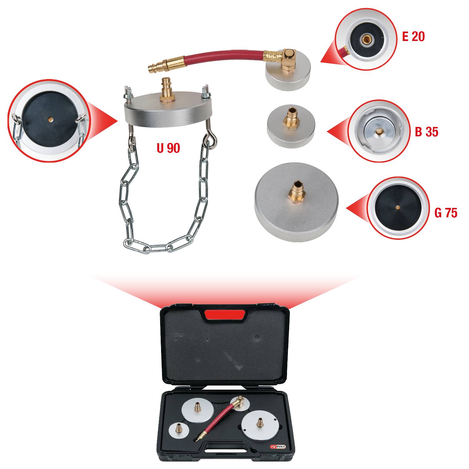 Koffer met verschillende adapters voor lekdichtheidstests, inclusief U 90 adapter met ketting en slangaansluiting.