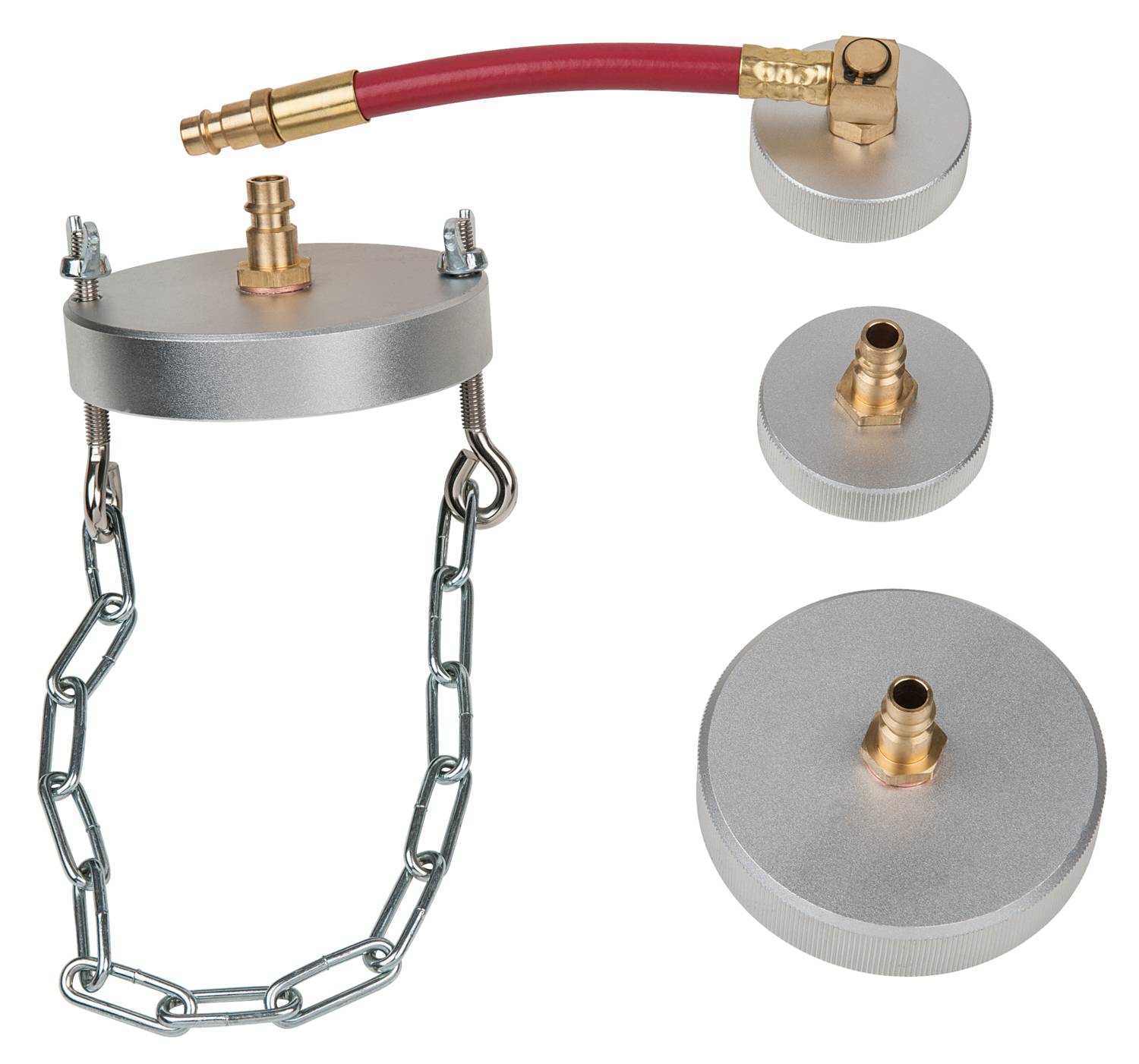 Verschillende metalen adapters en afdekdoppen met kettingen en slangen voor het afdichten van aansluitingen. Ideaal voor reparatiewerkzaamheden.