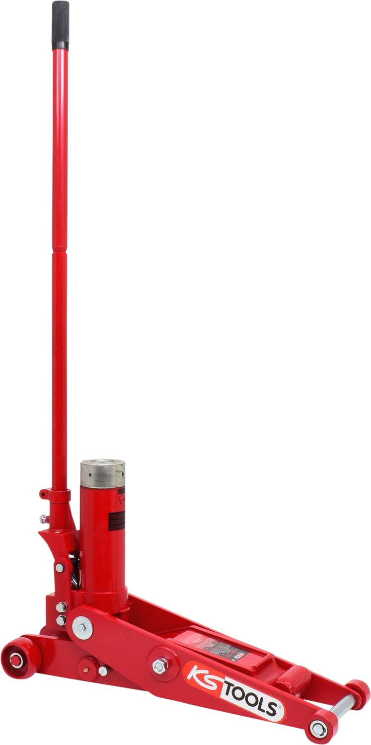 Rode hydraulische krik met lange hefboom en wielen, geschikt voor het optillen van voertuigen. Voorzien van 'KS TOOLS' markering.