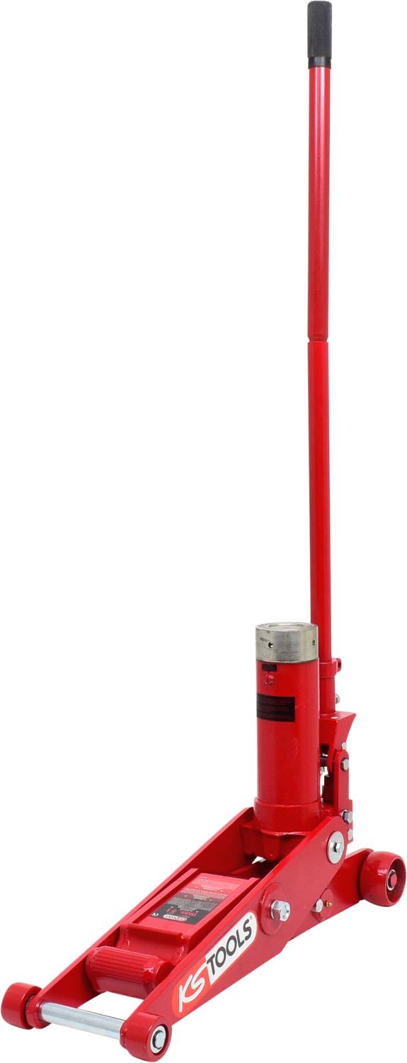 Rode hydraulische krik met hendel, geschikt voor het optillen van voertuigen ten behoeve van reparatie- of onderhoudswerkzaamheden.