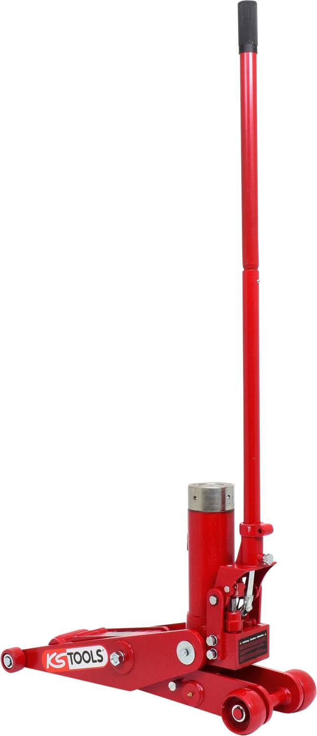 Rode hydraulische krik met lange hendel, geschikt voor het optillen van voertuigen.