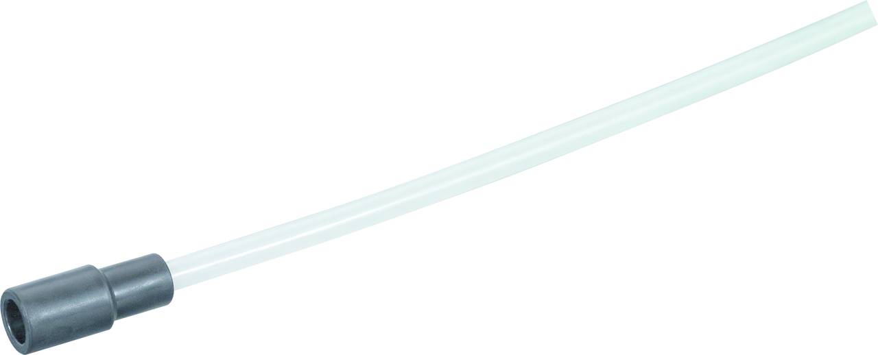 Een transparante kunststofslang met een zwart aansluitstuk aan het eind, voor verbinding of vloeistoftransport.