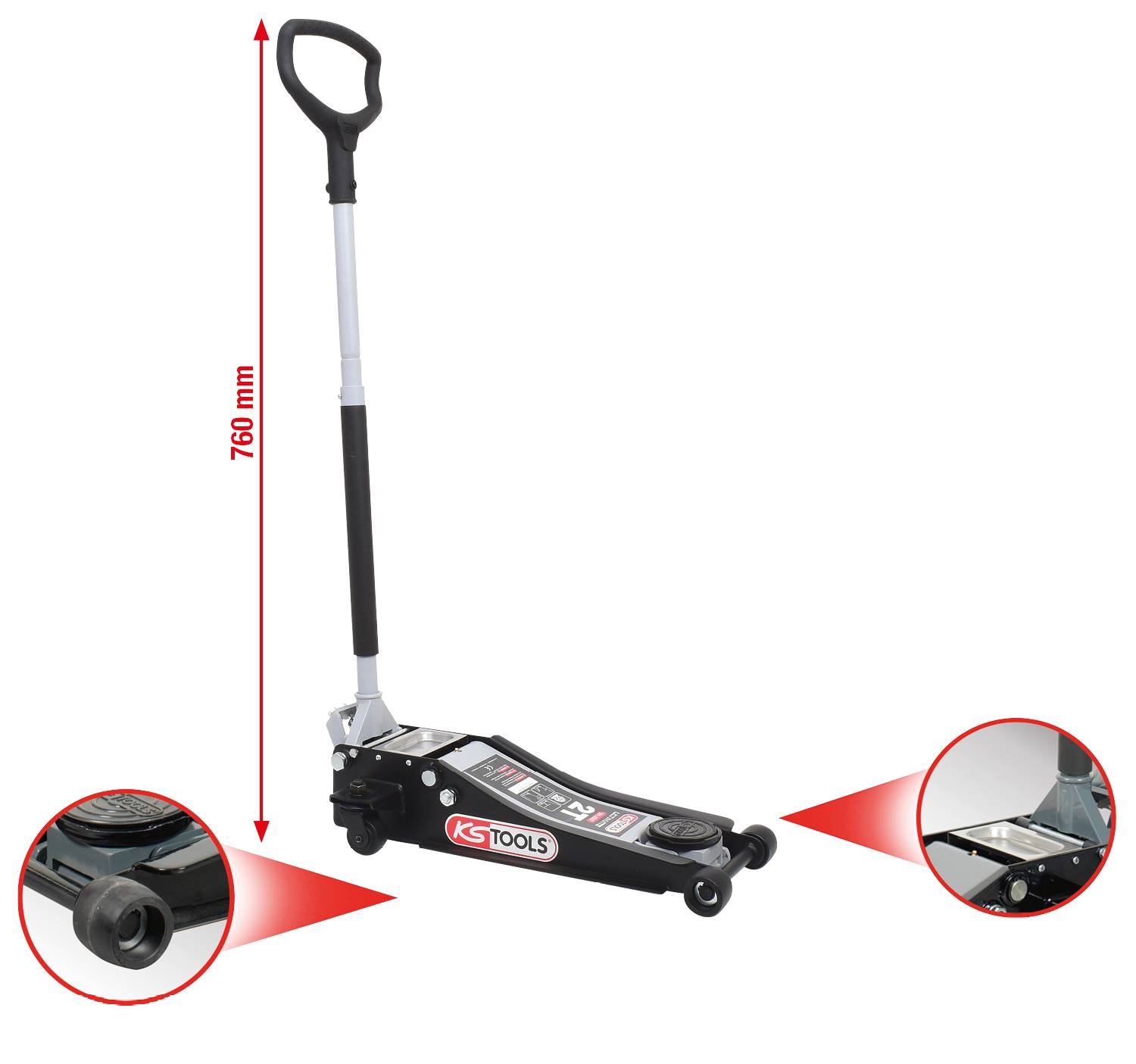 Hydraulische krik van KS Tools met 760 mm hefboomstang, twee wielen en hefschotel. Geschikt voor het optillen van voertuigen.