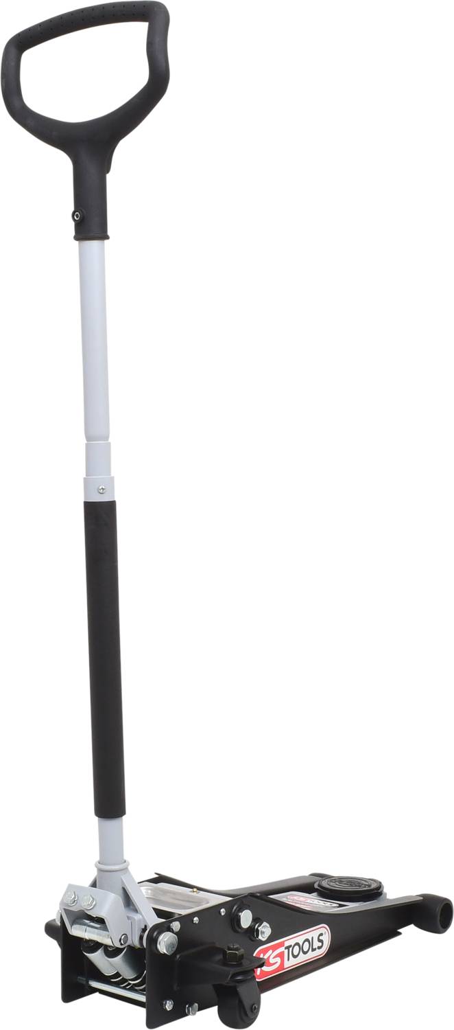 Een zwarte krik met een lange handgreep, geschikt voor het optillen van voertuigen. Bevat een zichtbaar merk aan de zijkant.