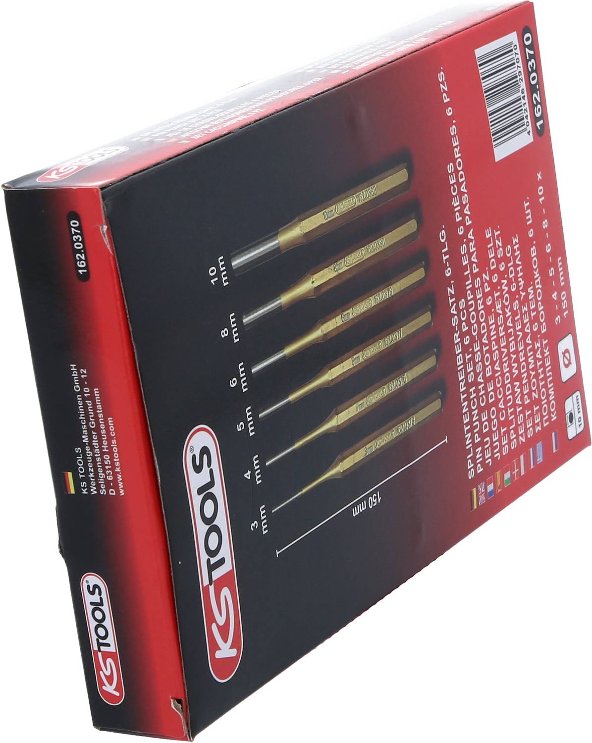 Een rode verpakking van KS TOOLS met een trekkersetje voor pennen, bestaande uit geel gecoate trekkers in verschillende maten van 2 mm tot 10 mm.