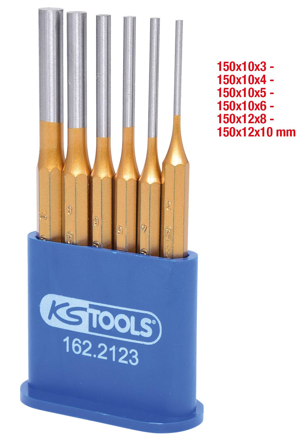 Set van zes oranje-gouden splijtstiften in een blauwe houder. De afmetingen variëren van 150x10x3 tot 150x12x10 mm.