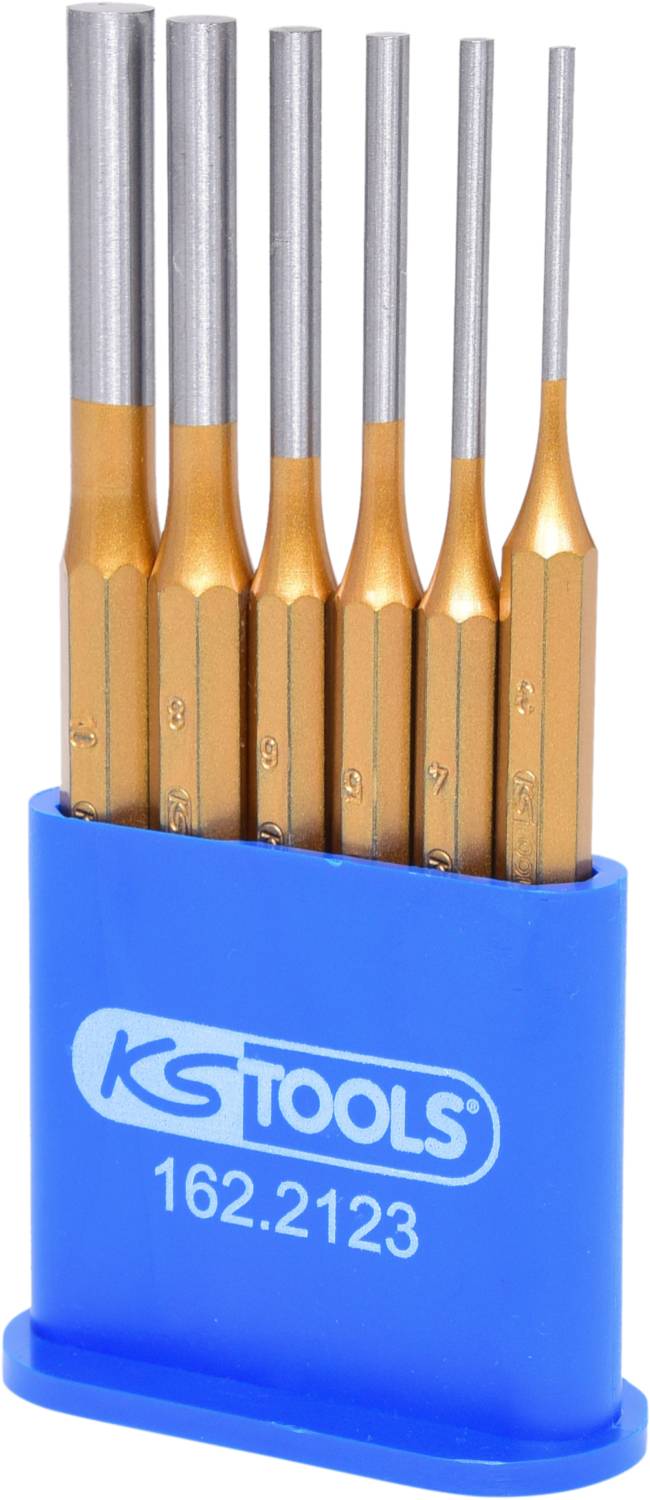 'Set van zes goud-zilveren pennen in een blauwe houder met de opdruk "KS TOOLS 162.2123".'
