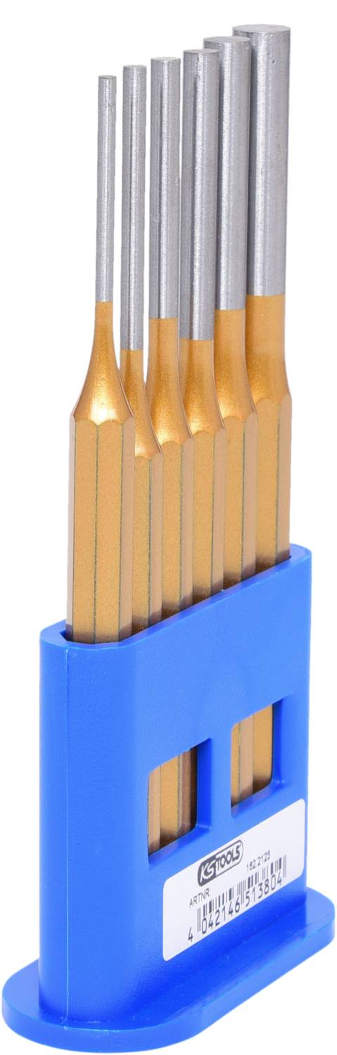 Een set stalen schroevenuitdraaiers in een blauwe houder, geschikt voor verschillende schroefmaten.