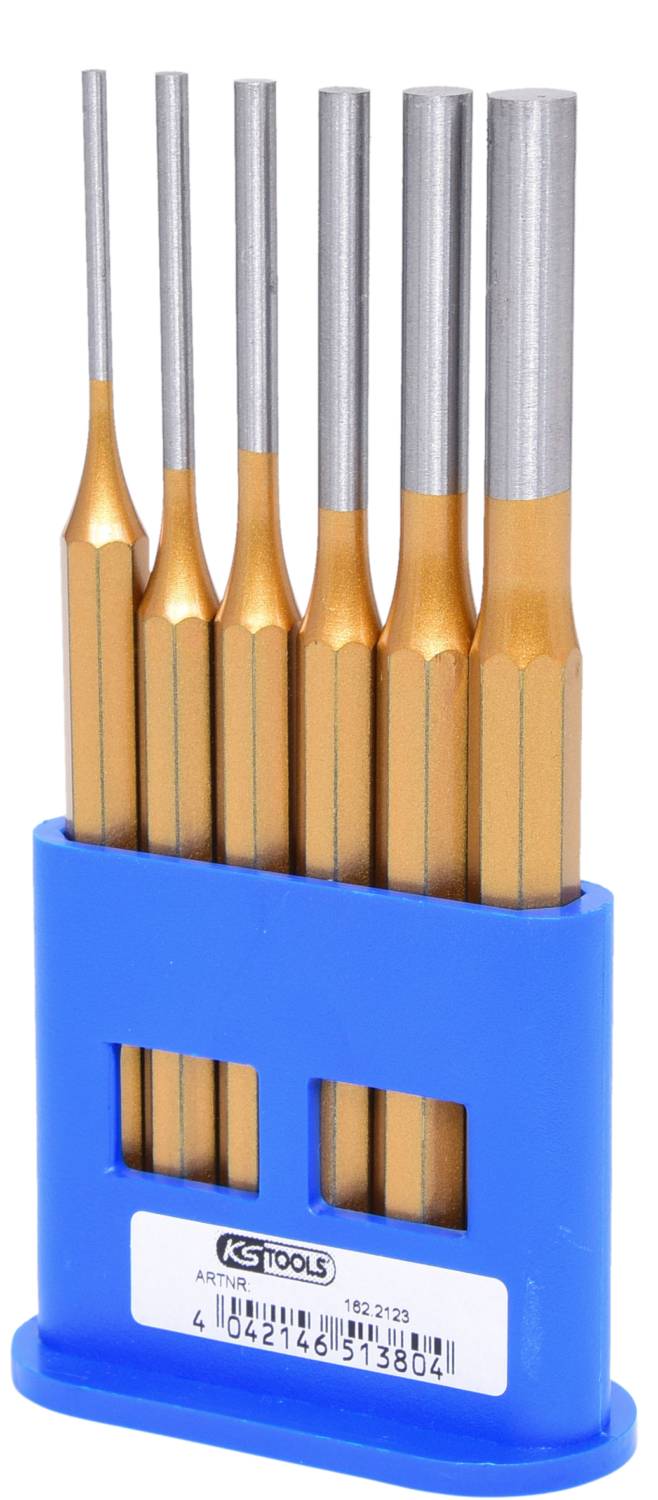 Set met vijf gouden zeefjes in verschillende maten in een blauwe houder van KS Tools.