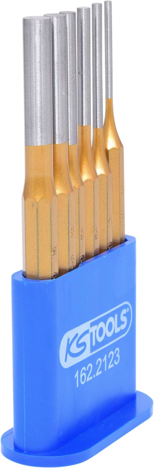 Een set zeskantschroevendraaiers met goudkleurige handgrepen en zilveren punten, in een blauwe houder met het 'KS TOOLS' logo.