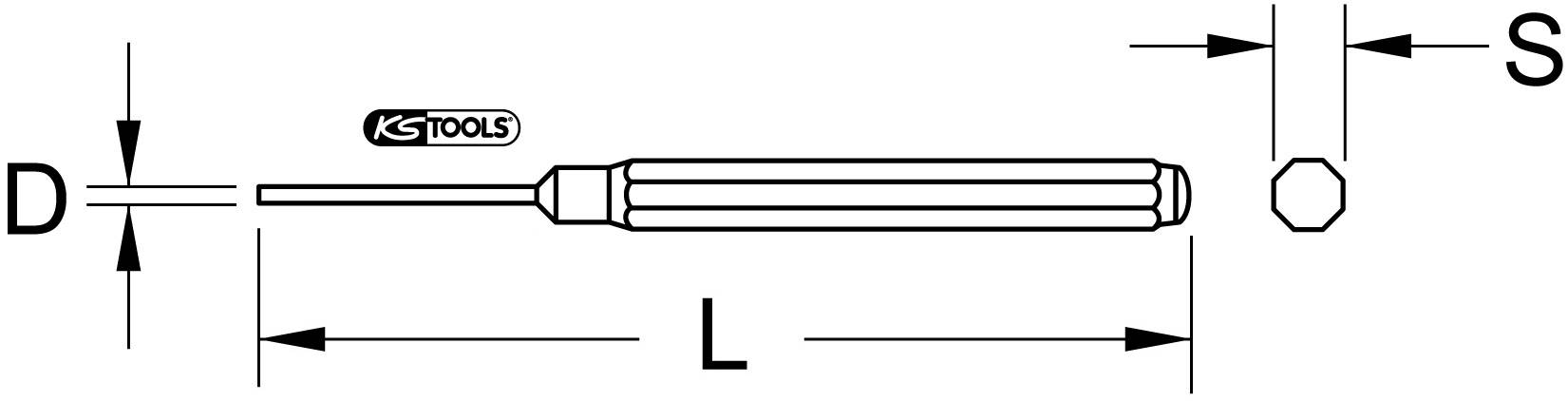 'Afbeelding van een zeskantsleutel met afmetingen: D voor diameter, L voor lengte, S voor sleutelwijdte. Fabrikant: KS Tools.'