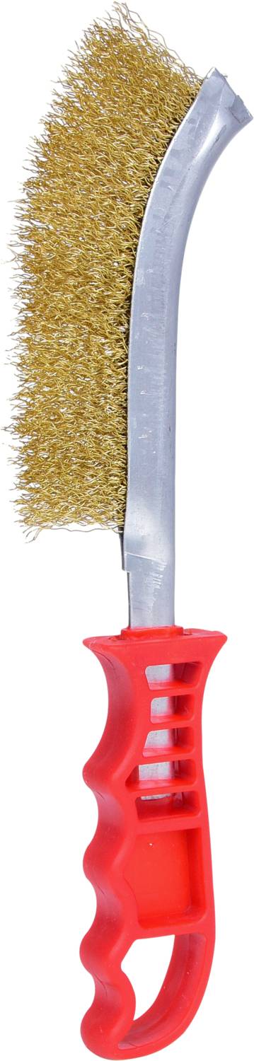 Borstel met goudkleurige borstelharen en een rode kunststof handgreep, geschikt voor het reinigen van metalen oppervlakken.