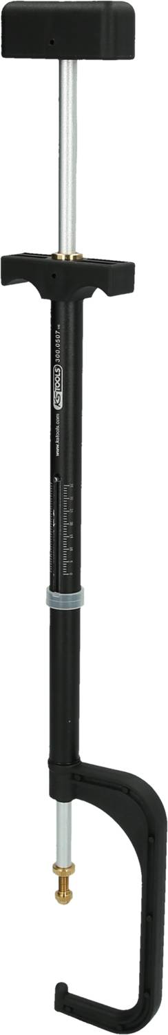 Een zwarte steunbalk met telescopische stang. Gebruikt om bouwcomponenten zoals gipsplaten tussen vloer en plafond te verankeren.